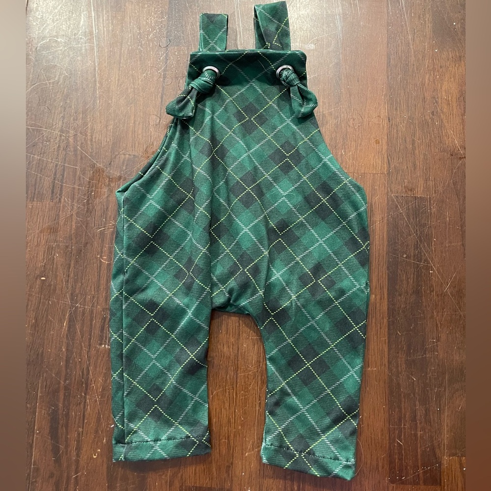 Green Plaid Kids Overalls with Knotted Straps
